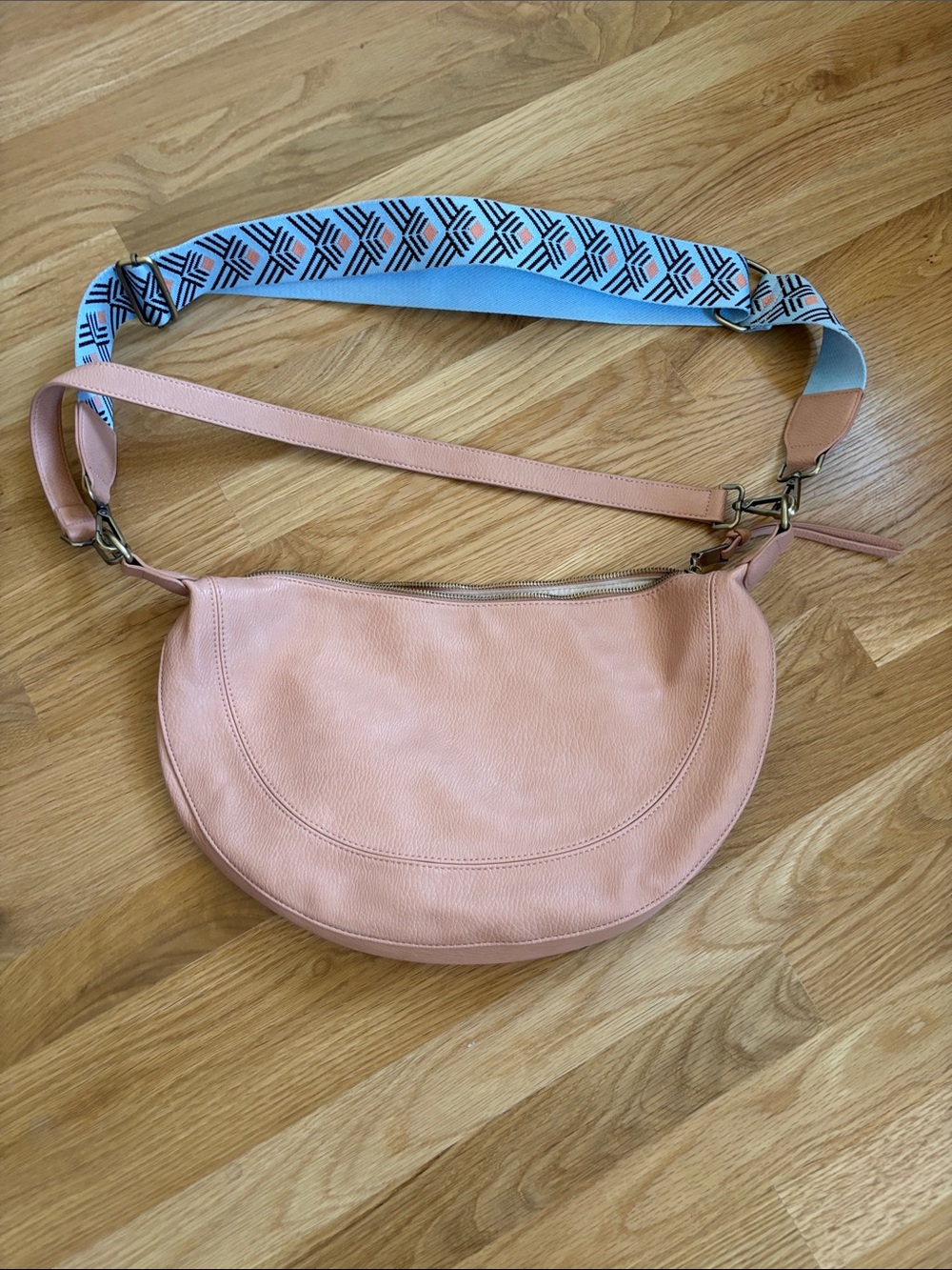 Anthropologie Peach Leather Crescent Crossbody with Patterned Strap